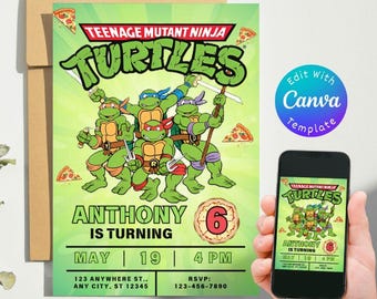 Convite de aniversário da Tartaruga Ninja editável, presente de aniversário para crianças, modelo de convite para festa digital, convite para festa para impressão, editável, Canva
