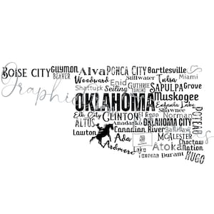 May include: Black and white word cloud of cities and towns in Oklahoma. The word "Oklahoma" is the largest and most prominent word in the cloud. A silhouette of a cowboy riding a horse is in the center of the cloud.