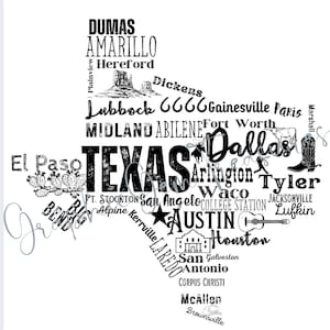 May include: Black and white graphic of the state of Texas, filled with city names and icons. The word "TEXAS" is prominently displayed. Includes illustrations of a cowboy boot, guitar, and cactus.