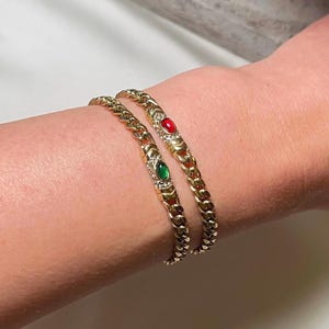 Gold women Bella bracelet S.Steel cuban link chain red/green/yellow crystal non tarnish waterproof trendy minimal vintage style gift for her