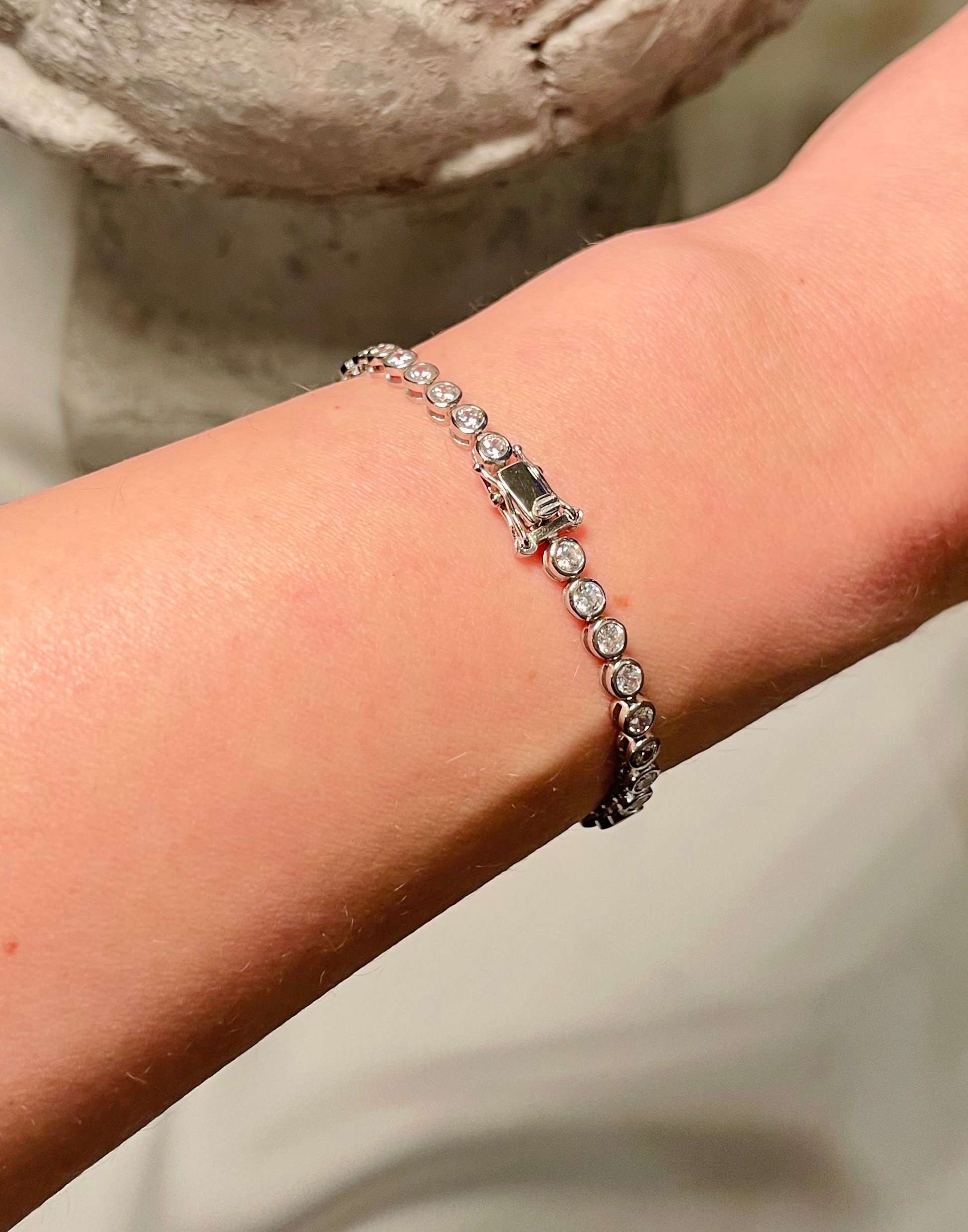 Silver Tennis Bracelet, Inlaid Round 3mm Top Shine 5A C