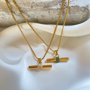 Woman T Bar pendant necklace with Zirconia 18K Gold PVD plated S. Steel none tarnish trendy unique boho minimalist style gift for her