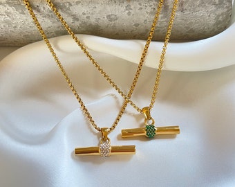 Woman T Bar pendant necklace with Zirconia 18K Gold PVD plated S. Steel none tarnish trendy unique boho minimalist style gift for her