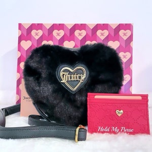 Juicy Couture Black Faux Fur Small Heart Shaped Bag Crossbody Purse Includes Mini Card Wallet Cute Holiday Gift Set New