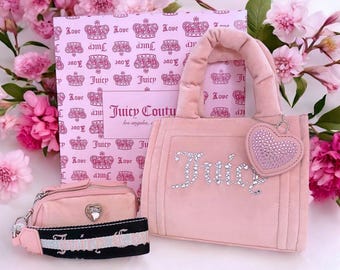 Juicy Couture Big Spender Pink Mini Tote Bag Includes Barrel Wristlet Coin Purse & Heart Shaped Bag Charm In Gift Box