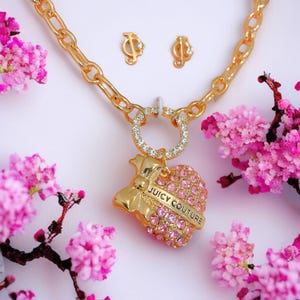 Juicy Couture Gold-tone With Pink Rhinestones Heart Charm Necklace 