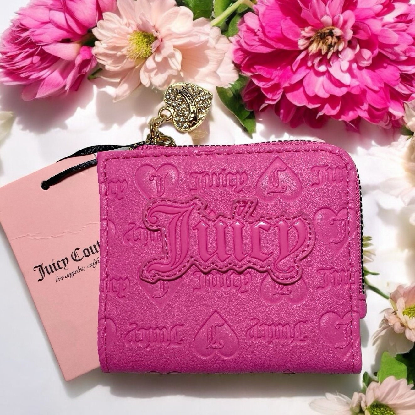 Juicy Couture Pink Logo Mini Zip Card Case Wallet With Coin Pocket Rhinestone Heart Charm New Etsy UK