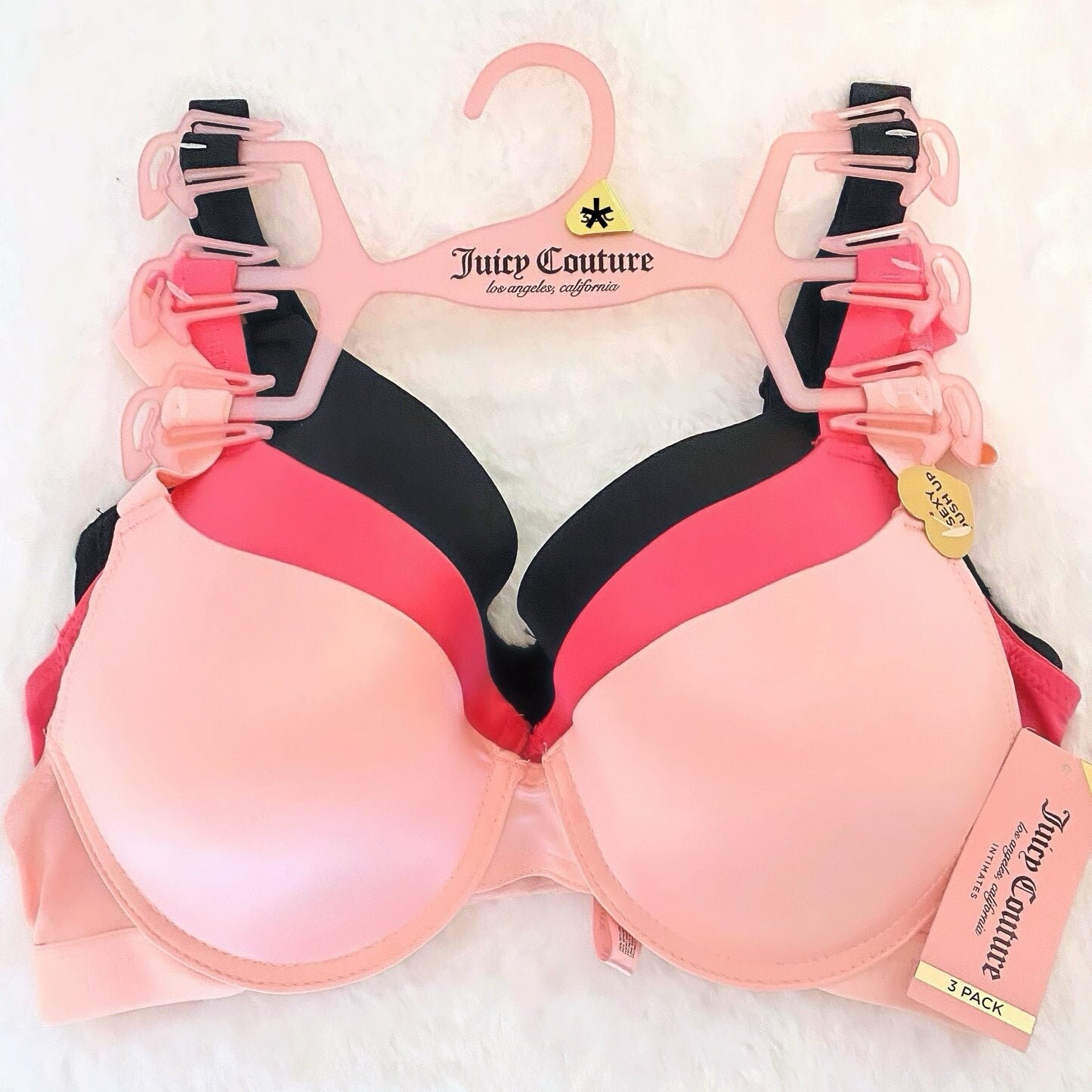 Juicy Couture Bra Sexy Push up Pink Black 3 Bras 36C Set NWT 