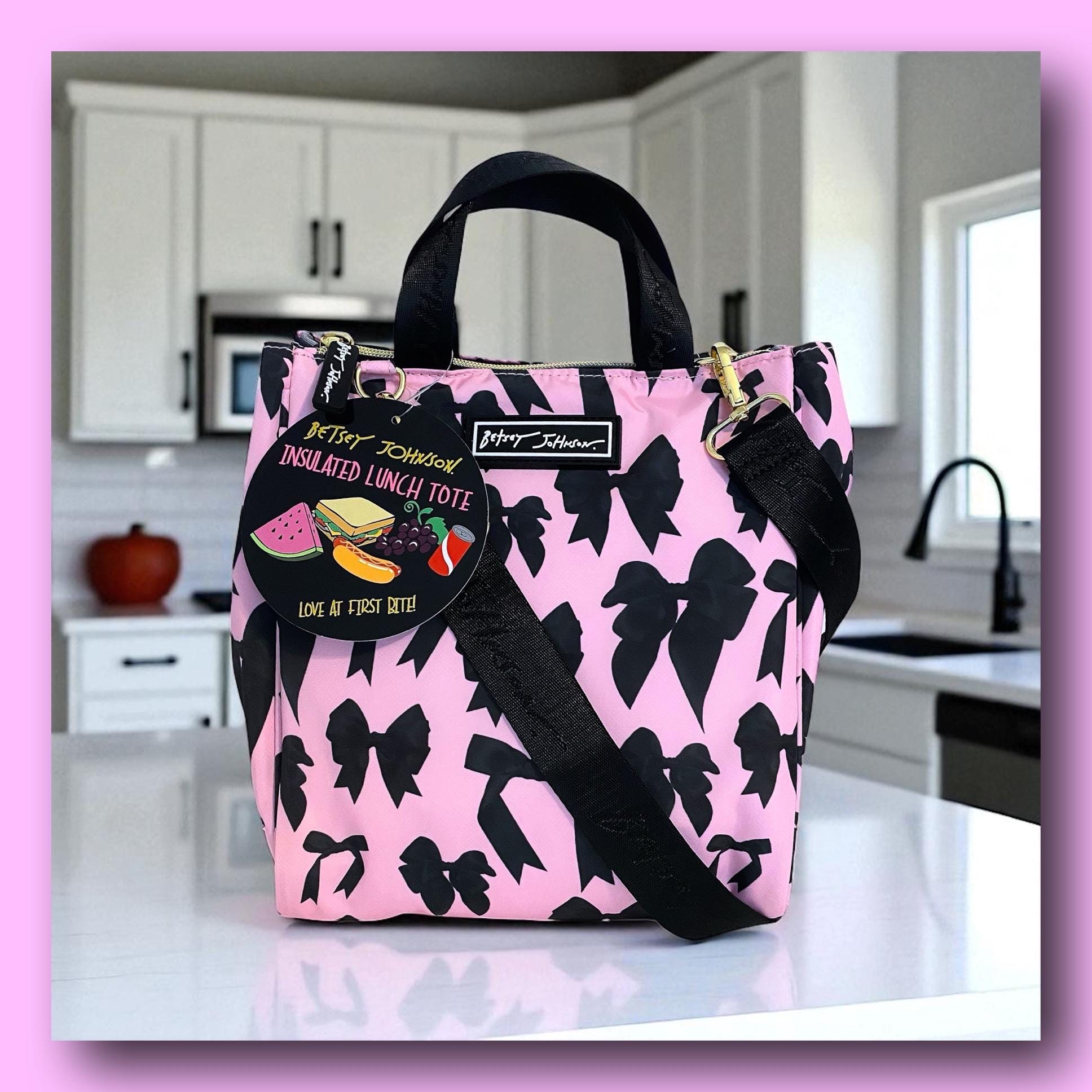 Betsey Johnson Pink With Black Bows Insulted Lunch Crossbody Tote