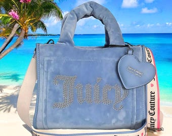 Juicy Couture Big Spender Velour Slate Blue Mini Tote Bag and Heart Charm NWT