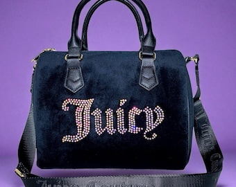 Juicy Couture Black Velvet with Iridescent Rhinestones Logo Obsession Satchel Purse Top Handle Crossbody Bag New