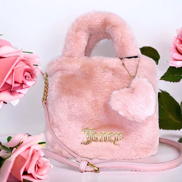 Juicy Couture Blush Pink Fluffy Furry Faux Fur Mini Tote Bag Purse & Pink Heart Bag Charm Valentine Gift Idea