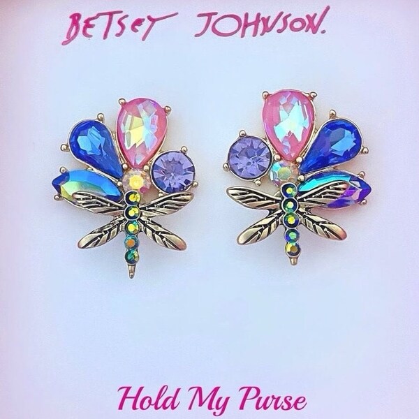 Betsey Johnson Pretty Jewelry Dragonfly Flower Pink Purple Blue Green Crystal Earrings NIB