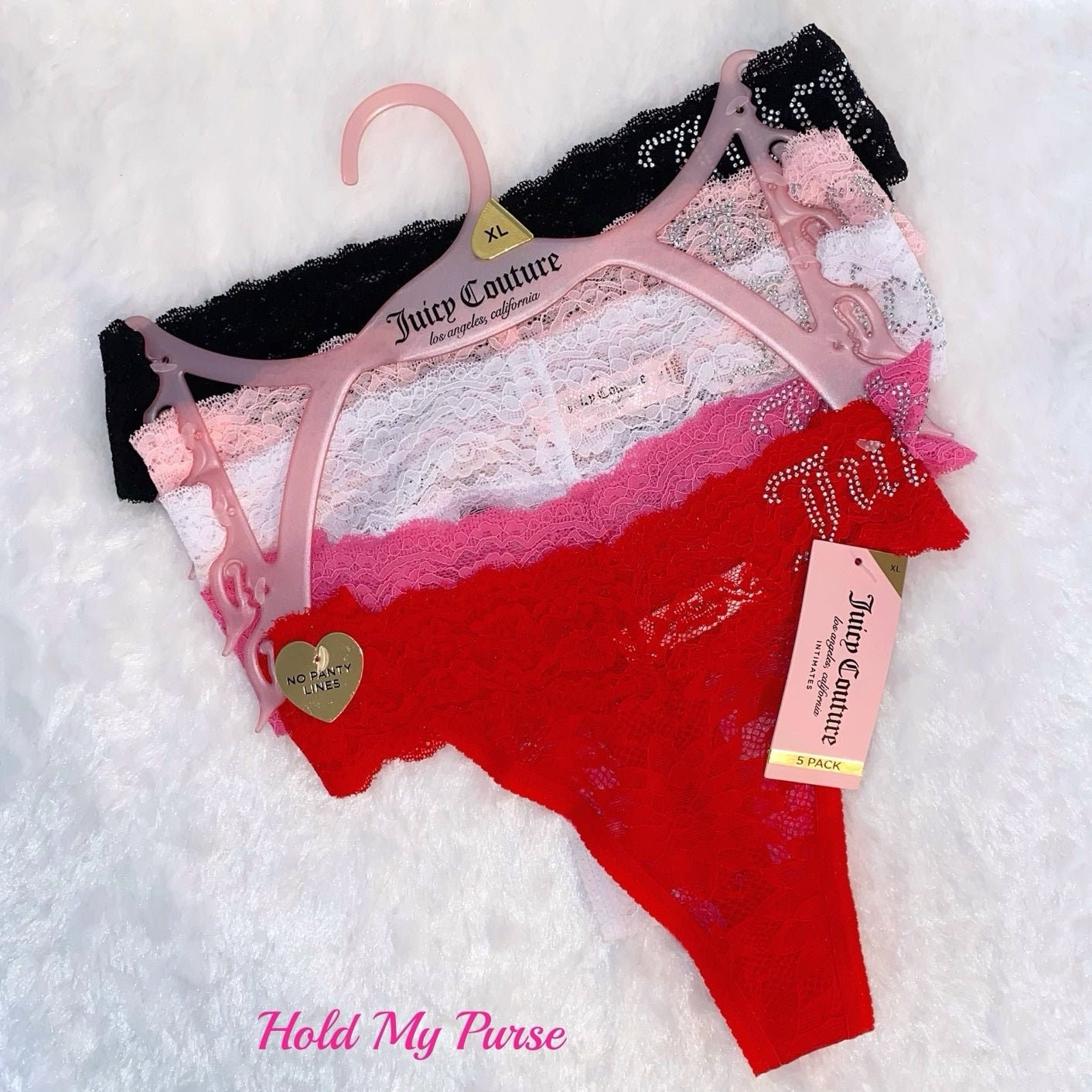 Juicy Couture Lace Thong Panty New 5 Pack Size XL No Panty Lines Black Pink  Red