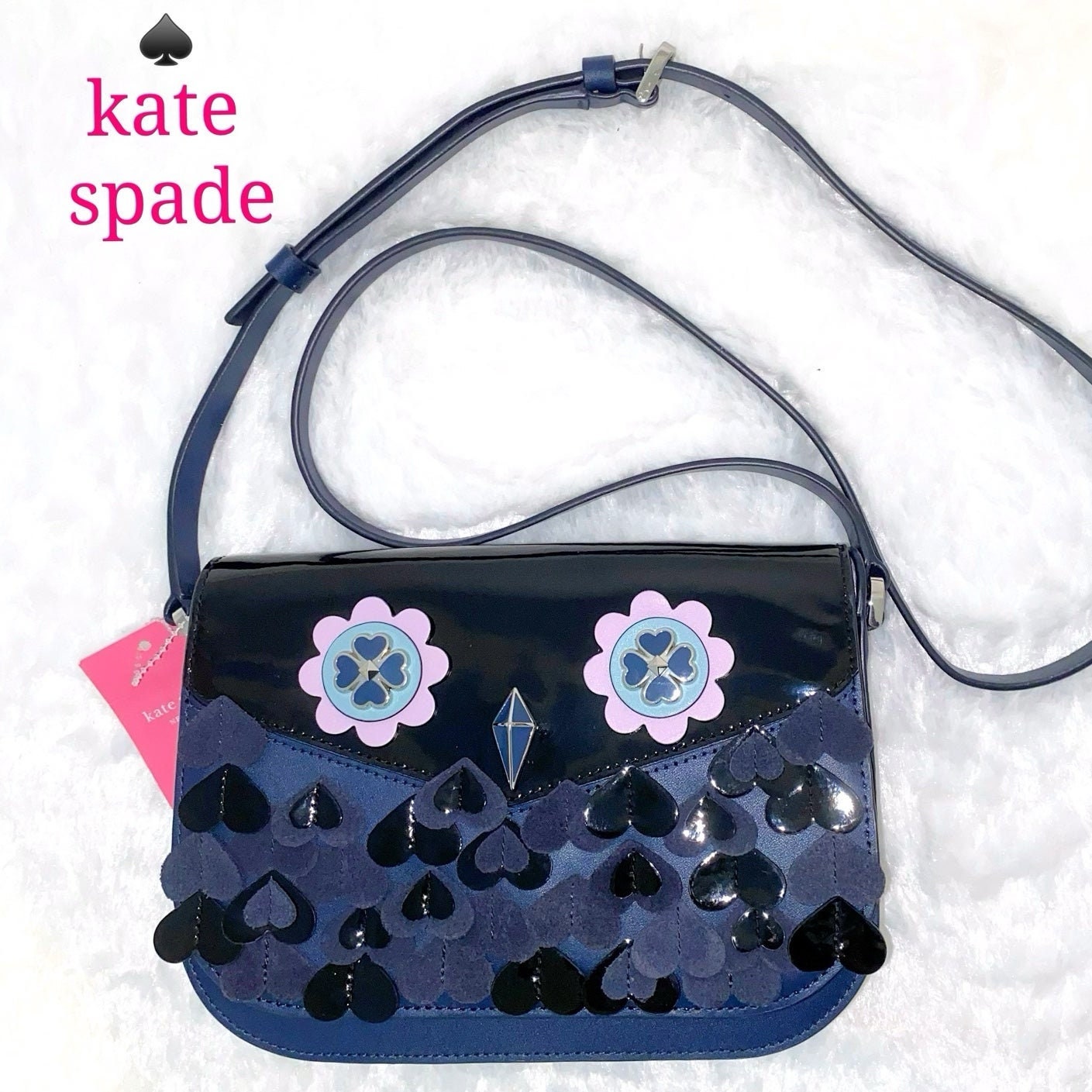 Kate Spade Purse Owl Crossbody Bag Navy Blue Black Leather Suede Handbag New