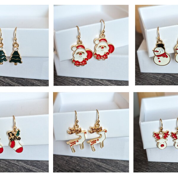 Boucles d'oreilles noël doré, boucles d'oreilles émaillé noël renne sapin botte bonhomme de neige, bijou noël, bijou fille, bijou femme