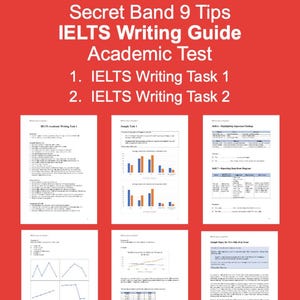 Op de afbeelding: Een rode achtergrond met witte tekst: "Secret Band 9 Tips IELTS Writing Guide Academic Test". Daaronder staat "1. IELTS Writing Task 1" en "2. IELTS Writing Task 2". Er worden verschillende pagina's met grafieken en tekst weergegeven.