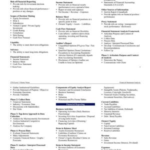 May include: A detailed chart with financial analysis topics, including income statements, balance sheets, and cash flow statements. The document is titled "CFA Level 1 Master Notes" and is organized with bullet points and headings.