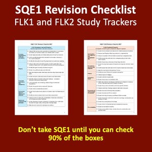 Peut inclure: Un document numérique intitulé SQE1 Revision Checklist FLK1 and FLK2 Study Trackers sur fond rouge foncé. Il présente deux pages blanches avec des tableaux listant des sujets d'étude juridiques et des cases à cocher. Le texte en bas indique : Don't take SQE1 until you can check 90% of the boxes.