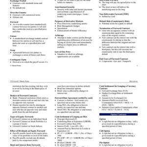 Op de afbeelding: Een gedetailleerde pagina uit een CFA Level 1 Master Notes-document, met een overzicht van derivaten, inclusief typen, doeleinden en contracten. De tekst is in zwarte letters op een witte achtergrond.