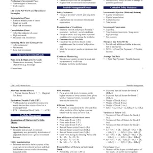 Op de afbeelding: Een gedetailleerde pagina uit een CFA Level 1 Master Notes boek, getiteld "Portfolio Management". De tekst bevat secties over activaspreiding, beleggingsstrategieën en risicobeheer, met formules en definities. De pagina is wit met zwarte tekst.