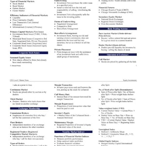 May include: A white document with black text titled "CFA Level 1 Master Notes" detailing equity investments, securities markets, and financial concepts. Includes lists, definitions, and explanations of financial terms.