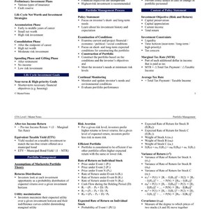 Puede incluir: Una página del libro de texto CFA Nivel 1 Master Notes, que detalla los conceptos de gestión de cartera. El texto está organizado en secciones que cubren la asignación de activos, las estrategias de inversión y la evaluación de riesgos, con fórmulas y definiciones.