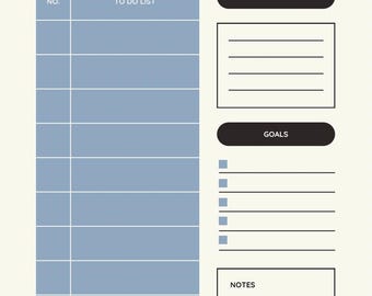 May include: A cream-colored daily planner with the text "DAILY PLANNER" at the top. It features sections for a to-do list, priorities, goals, and notes. The to-do list section has a light blue background.
