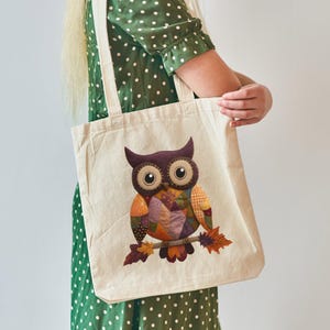 Fall Owl Tote Bag | Faux Patchwork Owl Bag | Autumn Canvas Bag | Eco-Friendly Reusable Tote | Cute Owl Bag for Fall Lovers, Owl Lover Gift