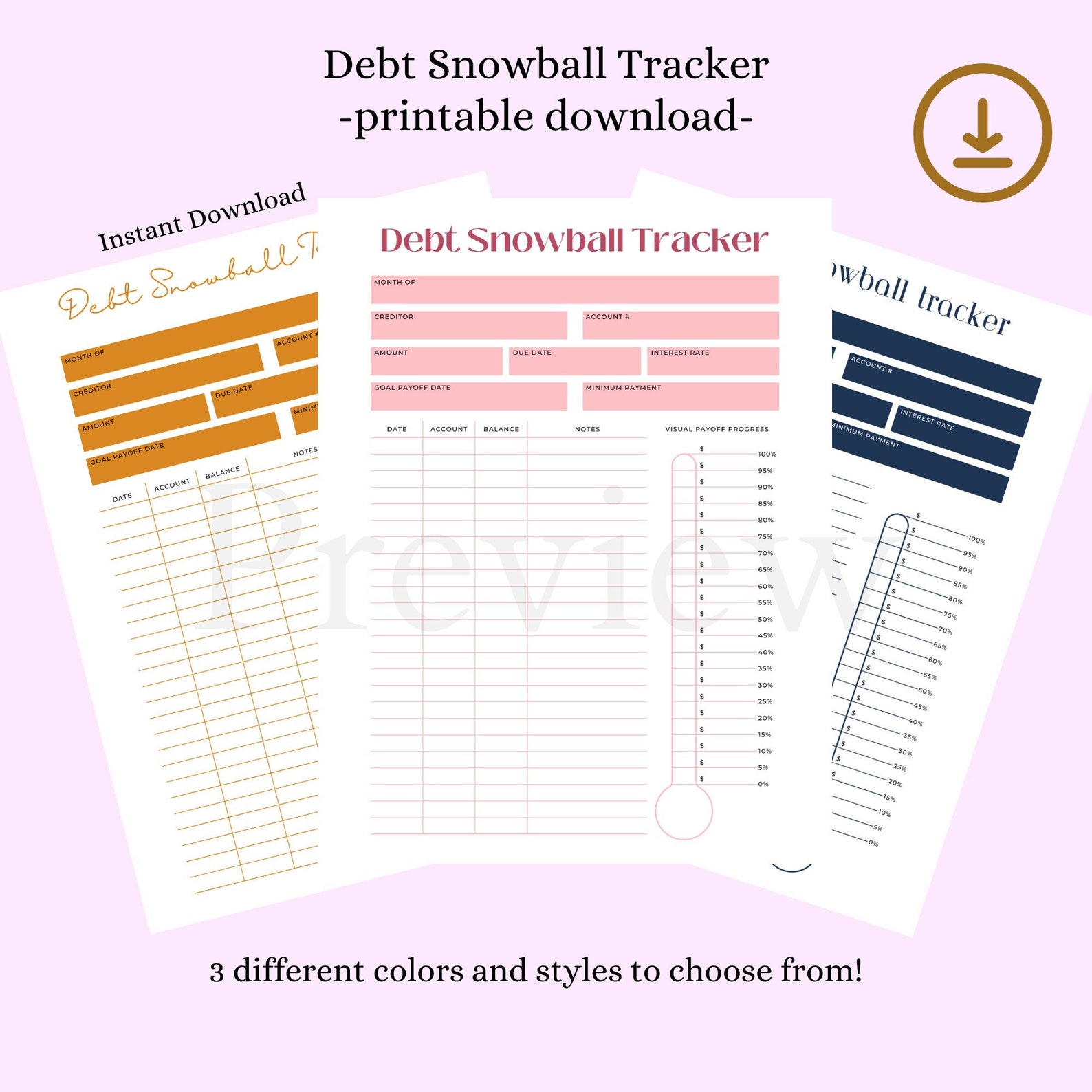 Debt Snowball Tracker Printable - 3 Colors & Styles - Instant Download ...