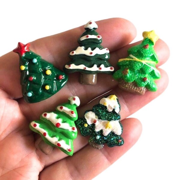 Christmas Tree Cabochon Mix, 5 Miniature Resin Xmas Tree Flat Back, Christmas Cabochons, Hair Bow Charm, Tree Charm Cabochons