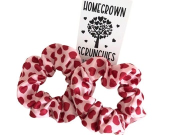Handmade Heart Scrunchie, Red Pink Cotton Hair Tie, Valentine's Day