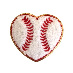 May include: A white heart-shaped patch with a red baseball stitch design and a gold outline.