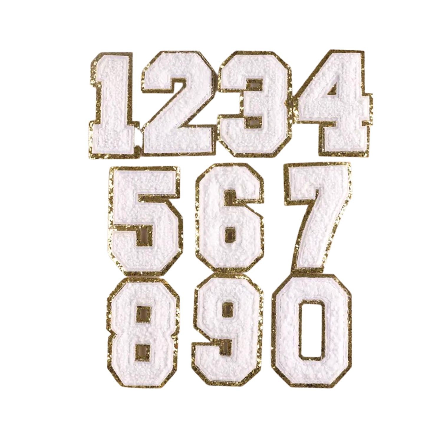 White Chenille Numbers With Gold Glitter, Embroidery Numbers Varsity