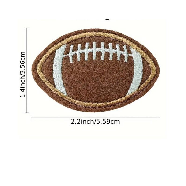 May include: Brown felt football patch with white stitching and a white outline. The patch is 2.2 inches wide and 1.4 inches tall.