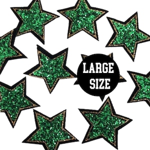 May include: Ten large green glitter star-shaped iron-on patches with black outlines. The patches are arranged in a circle with the words "LARGE SIZE" in a black circle in the center.
