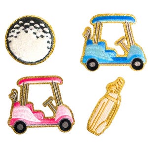 May include: Four iron-on patches featuring golf-themed designs. A white golf ball, a pink golf cart, a blue golf cart, and a beige golf bag with clubs.