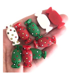 Christmas Candy Cabochons, 6 Xmas Resin Candies, Red Green White Miniature Resin Flatback, DIY Crafts