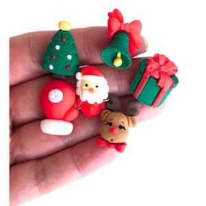 6 pcs Christmas Cabochon, Miniature Resin Cartoon Figurines, Resin Flatback, DIY Crafts, Santa, Present, Xmas Tree, Bell, Mitten Reindeer