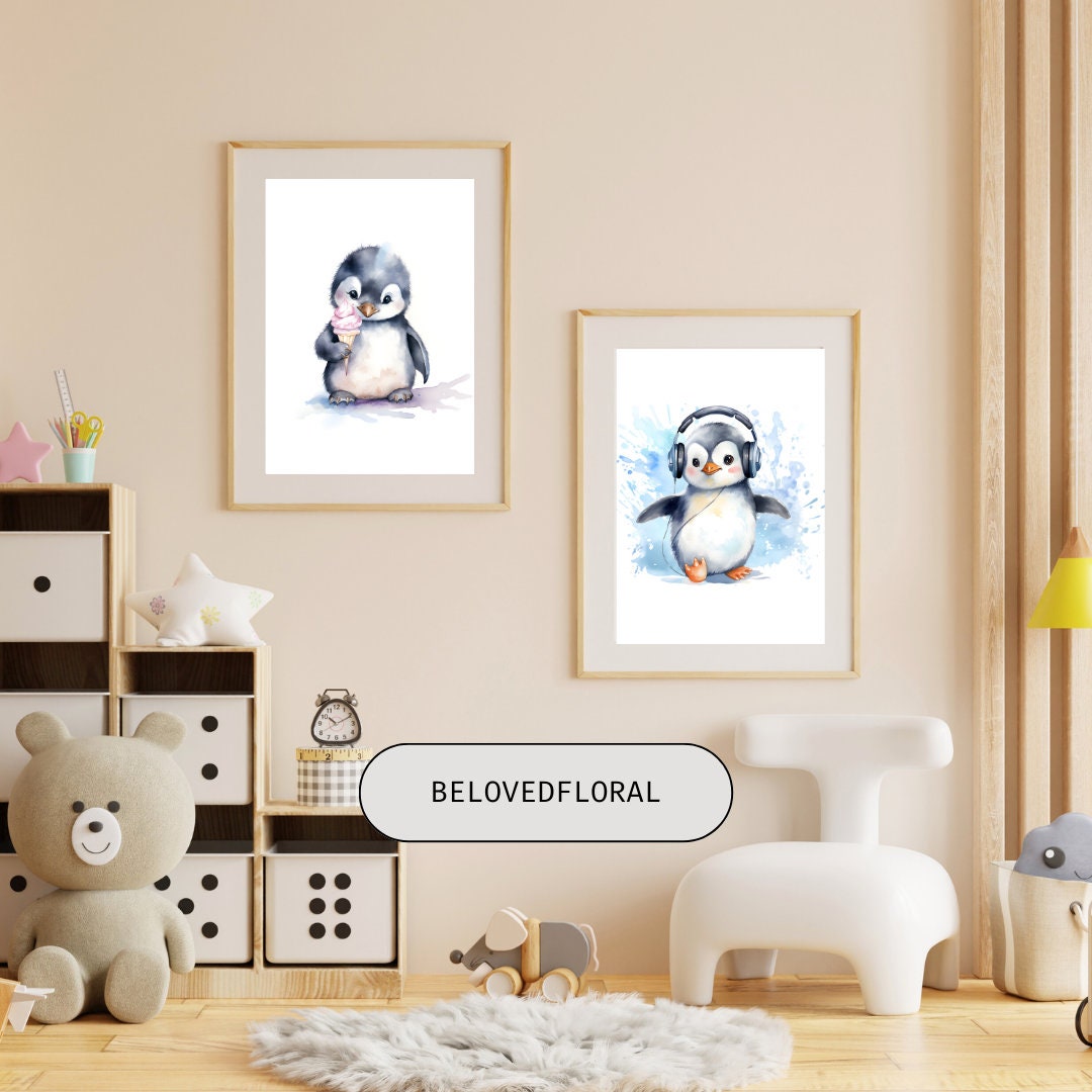 Set of 3 Baby Penguin Print, Animal Digital Print, Watercolor Penguin ...