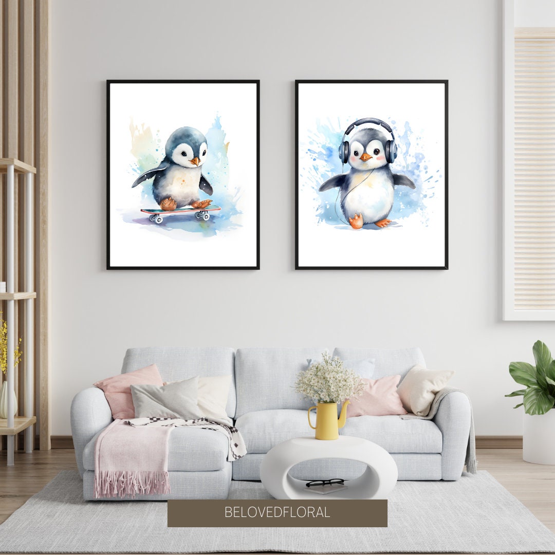 Set of 3 Baby Penguin Print, Animal Digital Print, Watercolor Penguin ...