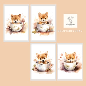 4er Set Baby Shiba Inu Print, Tier Digitaldruck, Aquarell Shiba Inu, Hunde Wandkunst, Kinderzimmer Wanddekoration, Dekor Poster, Druck Dekor