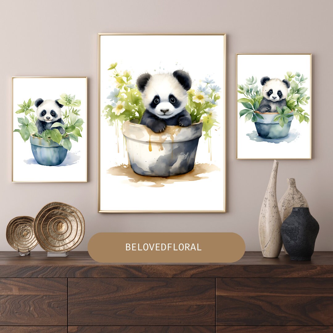 Set of 3 Baby Panda Print, Animal Digital Print, Watercolor Panda ...