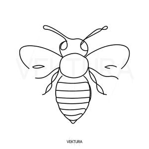 May include: A black and white line drawing of a bee with wings, a striped abdomen, and a round head.
