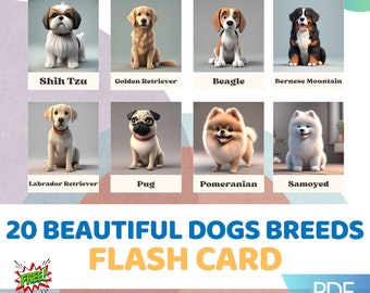 20 beautiful dogs breed Flash Cards, Montessori flash cards, Pre-School Cards, Printable Flash Cards, Kids Flash Card