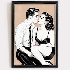 Illustrazione di coppia lesbica butch-femme di ispirazione vintage - Stampa artistica saffica retrò anni '50 per arredamento LGBTQ+