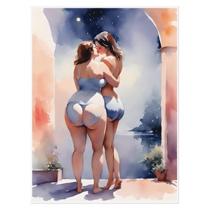 Summer Night Kiss Four Lesbian Fine Art Print, Romantic Lesbian Art, Queer Couple Wall Art, Body Positive LesbianArt Print, Sapphic Art