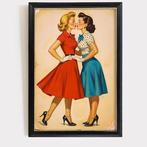 Sapphic-kunstdruk jaren 1950: retro lesbisch koppel, vintage queer illustratie