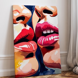 Lesbian Kiss Wall Art, Bold Colors Modern Canvas, Sapphic Decor, Queer Couple Gift