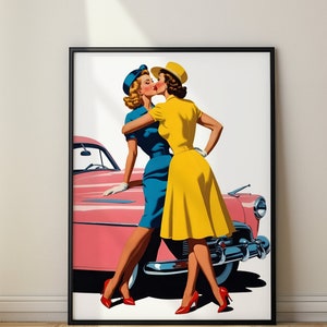Op de jaren 50 geïnspireerde lesbienne kunstprint - LGBTQ+ muurkunst in retrostijl, sapphic Fine Art gicleeprint